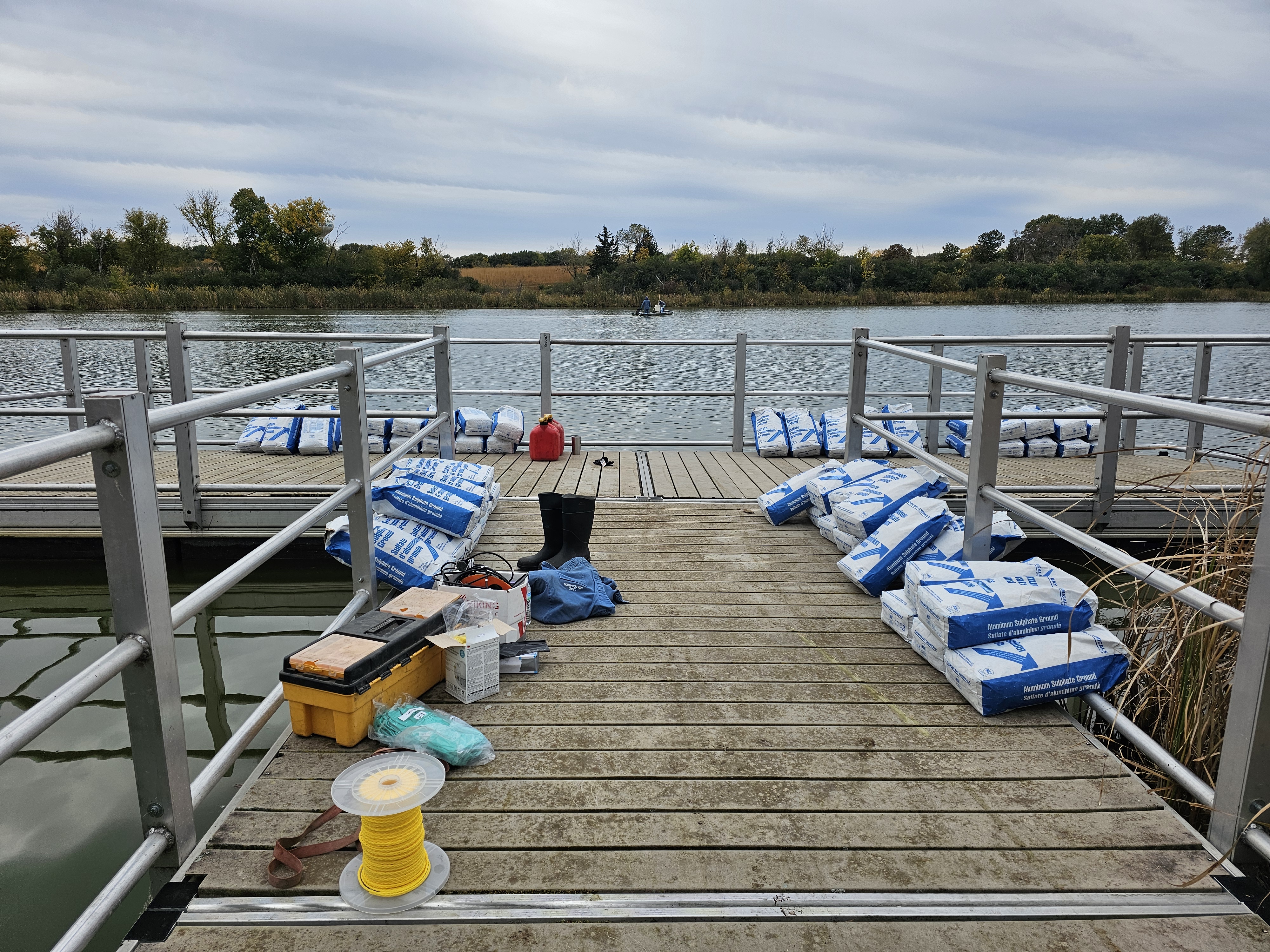 Image slide of Alum prepped on the dock of Tamarack Lake.